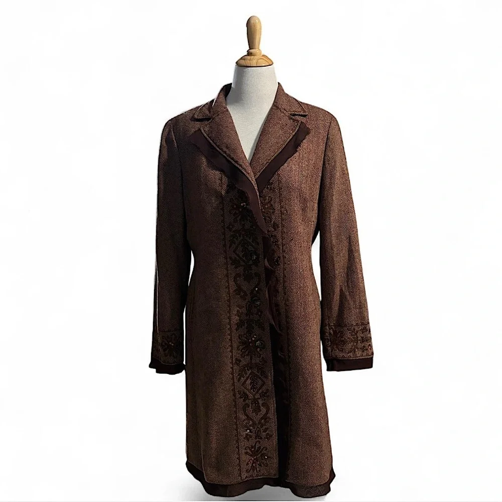 Y2K Focus 2000 Wool Blend Embroidered Long Coat Sz 16 Brown Boho Witchy Academia - Picture 1 of 6